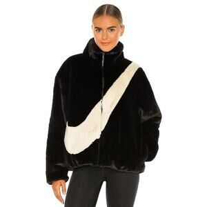 Nike NSW Plush Black Swoosh Check Faux Fur Teddy Oversized Jacket XS